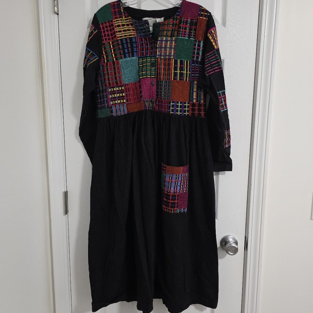 Michael Simon Vintage Black Embroidered Plaid Granny Square Patchwork Dress L